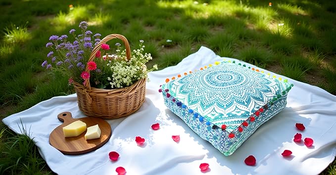 CRAFT KALA Green Ombre Large Hippie Mandala Meditation Floor Ottoman Pillow Cushion Pouf Cover Square Poufs Bohemian Circle Floor Cushion Case Outdoor Fireplace Yoga Living Room Decor Cover 18" Square