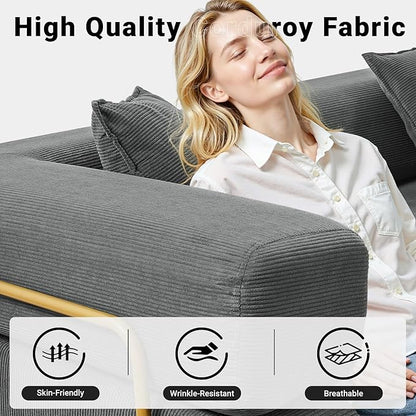 108" Oversized Convertible Sleeper Sofa Bed, Corduroy L Shape Sectional Couch, Folding Sofa Bed with Fixed-Shape Frame, Modern Cloud Floor Mattress Couch, Modular Sofa for Living Room, Grey
