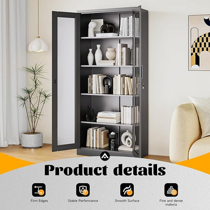 Metal Storage Cabinet with Lock and Glass Doors, Glass Display Cabinet
