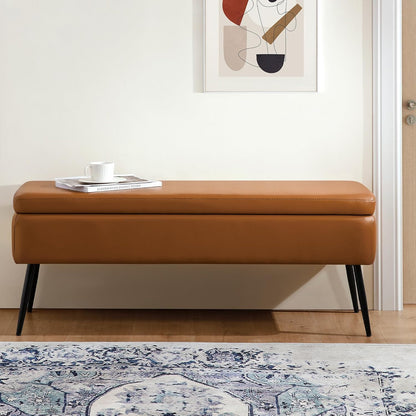 Leather Storage Ottoman Bench,End of Bed Bench for Living Room Bedroom Dinning Room Entryway,Mid-Century Modern,Faux Leather,with Steel Legs,Safety Hinges,Loads 660 lb (Without Button, Brown)