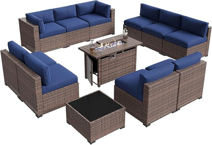 Aoxun Patio Furniture Sets, 12-Piece Outdoor Patio Furniture with 44'' Propane Gas Firepit Table, Wicker Outdoor Conversation Set Sectional Sofa for Backyard, Poolside, Garden