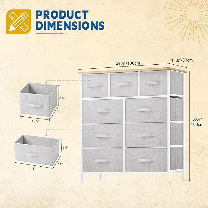 DWVO 9 Drawer Dresser, Light Gray Fabric Storage Tower, Tall Organizer Unit
