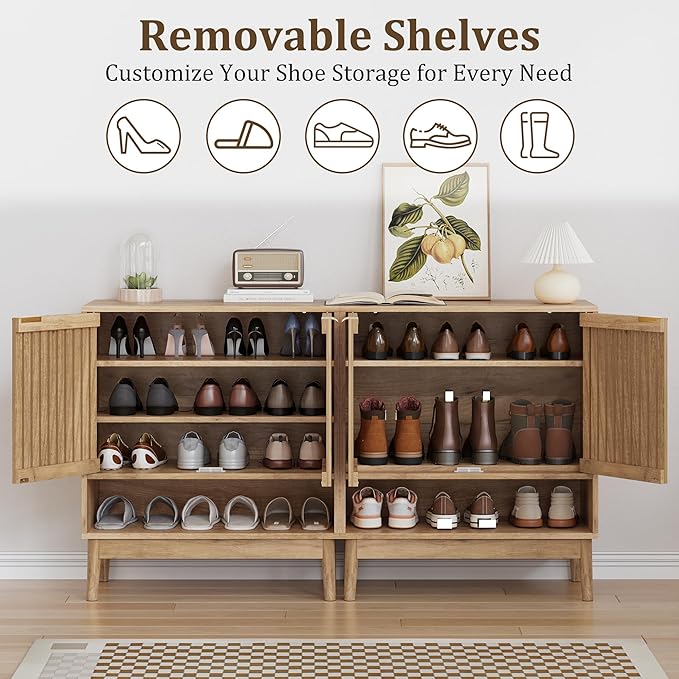 Shoe Cabinet with Slatted Doors, Freestanding Shoe Cabinet Storage