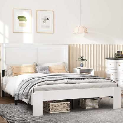 Queen Size Bed Frame, Vintage Platform Bed Frame with Wood Headboard and Footboard, 12 Wood Slats Support, No Box Spring Needed (White)