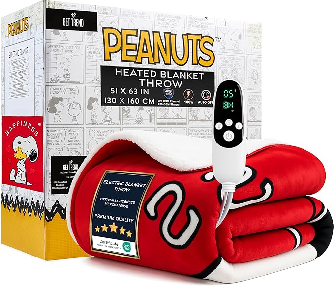 Peanuts Snoopy Heated Blanket Electric, Luxurious Fleece Throw, 9 Heat Settings