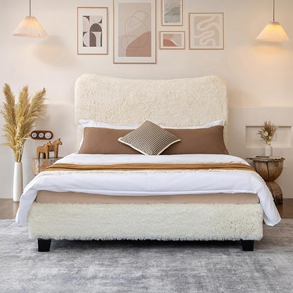 Brafab Queen Bed Frame with Headboard, Boho Fluffy Boucle Cloud Upholstered Platform Bed with Soft Rounded Corners and Wooden Slats, No Box Spring Needed, Noise Free, Easy Assembly, Beige