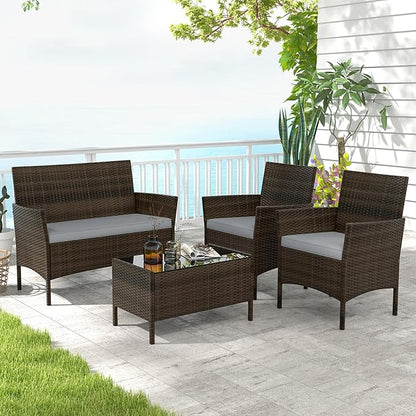 HAPPYGRILL 4 Pieces Outdoor Rattan Conversation Set, Patio Wicker Furniture Set with Loveseat Chairs & Tempered Glass Coffee Table, Outside Sectional Sofa Set for Backyard Garden Poolside