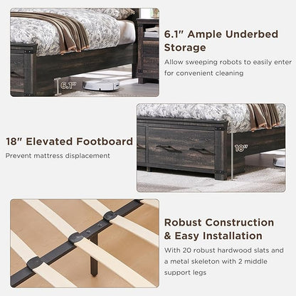 RedLemon Farmhouse Queen Size Bed Frame w/ 54" Tall Geometric Headboard, Rustic Wood Platform Bed w/ 2 Large Storage Drawers, Wood Slats Support, Noise Free, No Box Spring Needed, Dark Rustic Oak