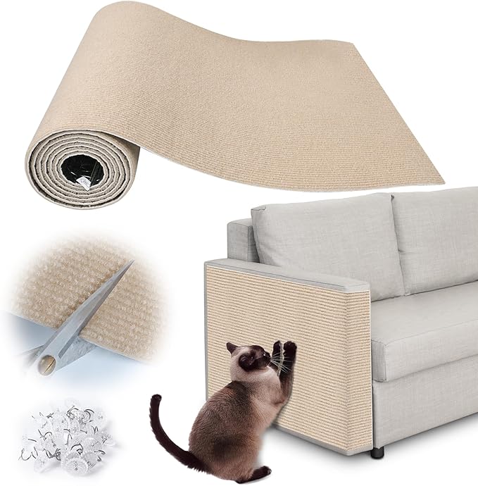 Cat Scratch Furniture Protector - 158" x 15.8" Trimmable Self-Adhesive Cats Claws Scratch Pads, DIY Cat Climbing Couch Protector for Scratch Post Cat Tree Replacement Indoor (Khaki)