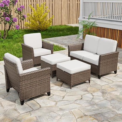 COOS BAY Harbor Retreat 5 Piece Outdoor Furniture Set, Patio Conversation Set with Patio Chairs, 2 Seat Loveseat and Ottomans, Wicker Furniture, Brown/Beige