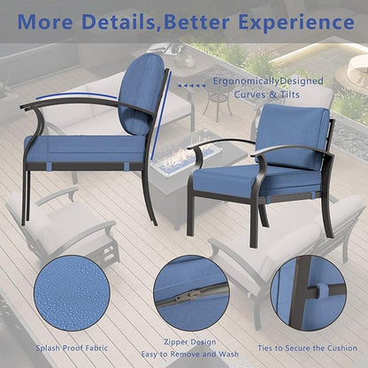 RTDTD Aluminum Outdoor Patio Furniture Set,4 Pieces 7 Seats Patio Conversation Sets with 45" Propane Fire Pit Table,Metal Patio Sectional Furniture Set w/5.1" Cushions,Navy Blue