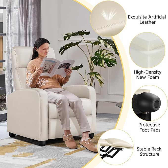 Yaheetech Recliner Chair PU Leather Recliner Sofa Home Theater Seating Adjustable Modern Single Reclining Chair Sofa with Pocket Spring Living Room Bedroom Beige
