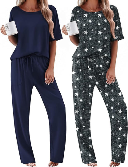 Ekouaer 2 Pack Womens Pajama Sets Short Sleeve Tops and Long Pants Casual Comfy Pjs Lounge Set with Pockets,S-XXL
