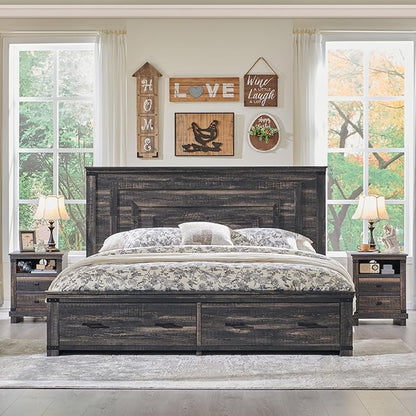 T4TREAM Farmhouse Queen Size Bed Frame with 54" Tall Geometric Headboard & 2 Large Storage Drawers, Rustic Wood Platform Bed with Wood Slats Support, No Box Spring Needed, Dark Rustic Oak