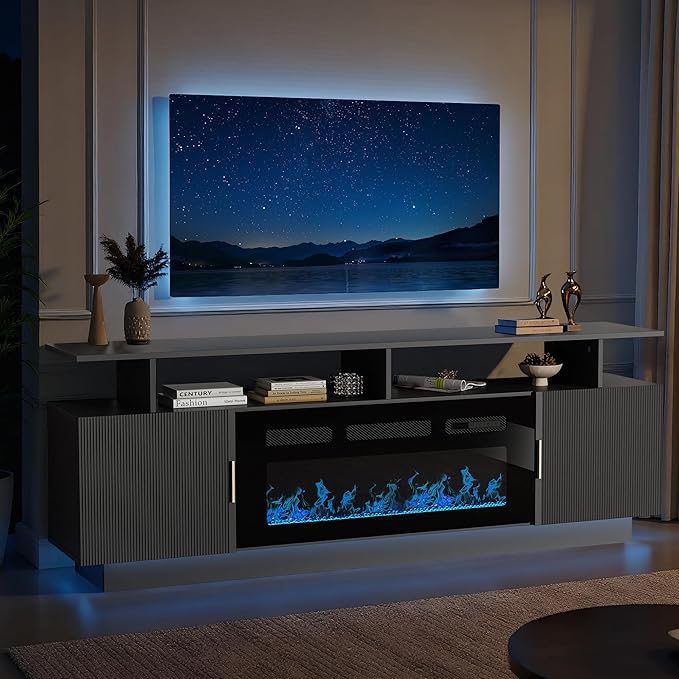 70” Fluted TV Stand with 36” Electric Fireplace, 2 Tier TV Console Cabinet with