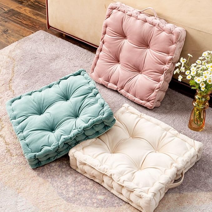 cuyfomr Floor Pillow, Square Floor Seating Pillow Cushion with Handle Thicken Portable Velvet Floor Pillow Cushion for Yoga Living Room Bedroom Home Decor (Beige,16.5×16.5×3.54in)