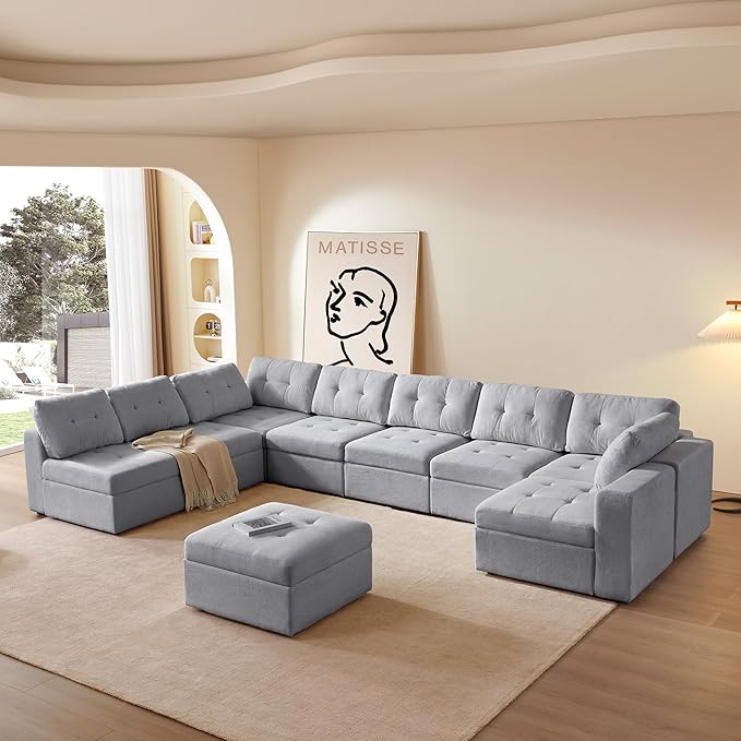 ORRD Oversize Modular Sectional Couch, Convertible U Shaped Sofa with Storage, 6 Seater Sofa Modular with Ottomans and Reversible Chaise for Living Room, Office (Grey)