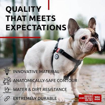 WAUDOG Waterproof Dog Harness - Adjustable for Large, Small and Medium Dogs - Heavy Duty with Durable Metal Clasp and QR Tag - Boy & Girl - Black (20-32in)