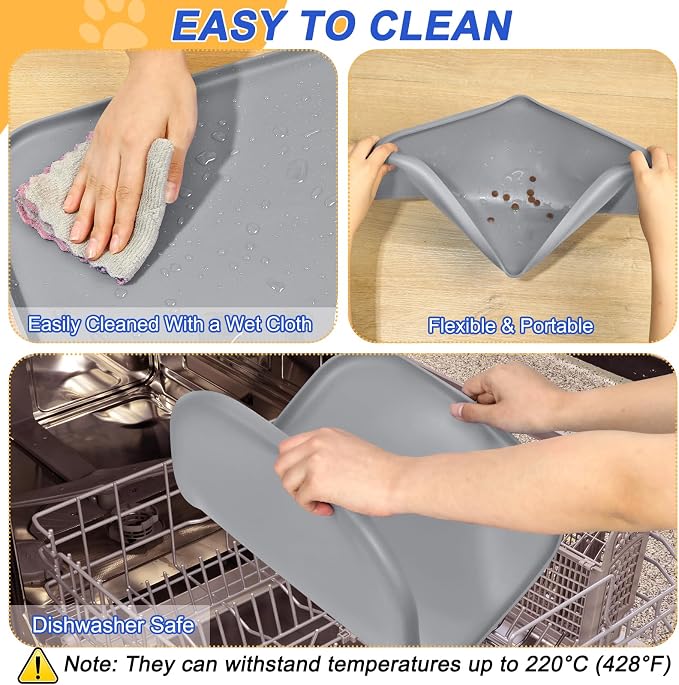 SMILOOL Waterproof Silicone Pet Food Mat with Raised Edge for Dog & Cat | 19" x 12" Non-Slip Pet Feeding Mats with Lip for Food & Water Bowl, Food Grade, Easy Cleaning, Light Gray