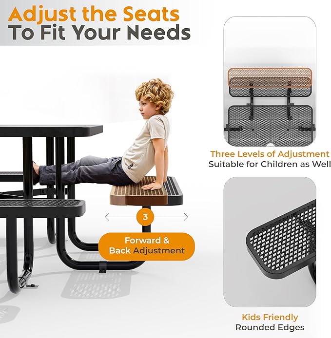 Metal Picnic Tables for Outdoors with Umbrella Hole - Coated Steel Heavy Duty Commercial Grade Furniture with Adjustable Seats (Black, 46 in, Square, Expanded Steel)