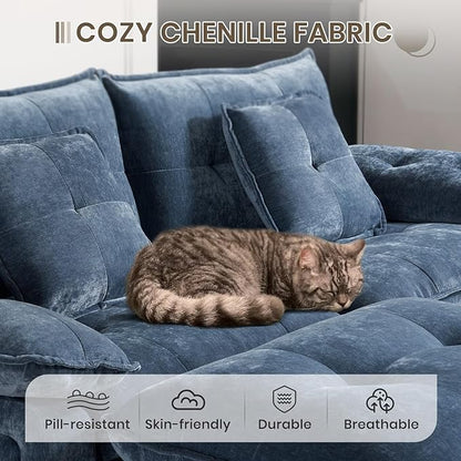 PALLOME 82" Deep Seat Comfy Cloud Couch, Modular Sectional Sofa with Movable Ottoman, L Shaped Chenille Sofa for Small Space, Modern Apartment Living Room & Office (Blue, 2-Seat + Ottoman)