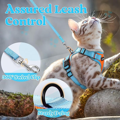 rabbitgoo Cat Harness and Leash Set, Escape Proof Soft Adjustable Vest Harnesses for Outdoor Walking, Easy Control Breathable Kitten Jacket with Reflective Strips, Orange & Light Blue, M