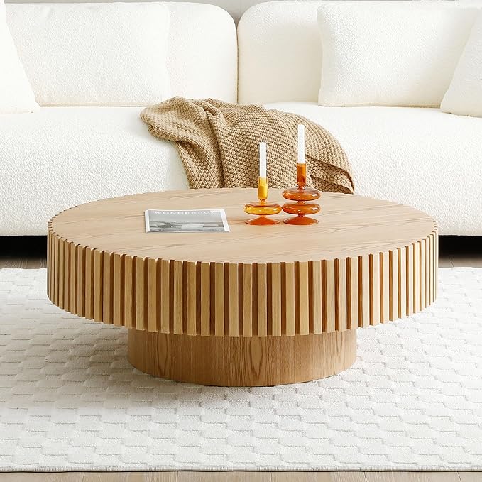 31.49'' Original Wood Color Small Round Coffee Table for Apartment, Modern Living Room Coffee Table with Sturdy Pedestal for Small Space
