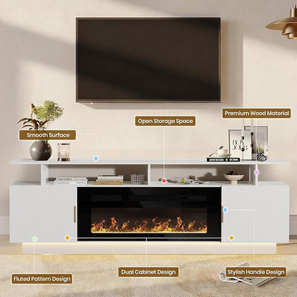 70” Fluted TV Stand with 36” Electric Fireplace, 2 Tier TV Console Cabinet with