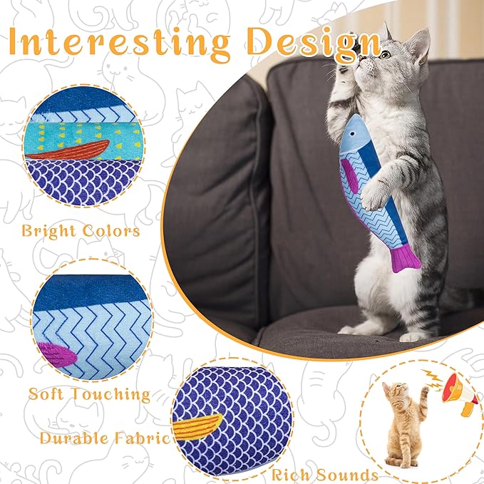 Soft Catnip Toys Fish, 3 Pack Bell Sound Cat Toys, Interesting Indoor Cat Kicker Toys, Durable and Highly Interactive Catnip Toys (Kingfish)