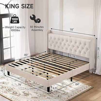 koorlian King Bed Frame, Velvet Adjustable Upholstered Platform Bed Frame with Type-C&USB Ports, Wingback Storage Headboard, Noiseless, Beige
