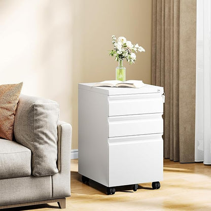MIIIKO White Filing Cabinet 3 Drawers on Wheels Under Desk, Metal Rolling File