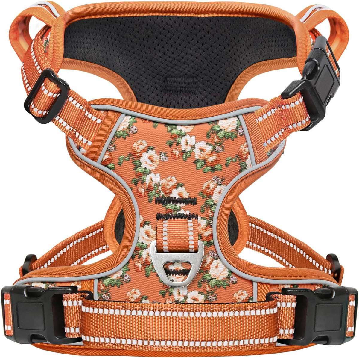 Timos Dog Harness for Large Dogs, No Pull Service Vest with Reflective Strips and Control Handle,No Choke Dog Harness with 2 Metal Rings for Easy Walking,Outdoor Training,Flower Orange, XL