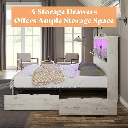 AMERLIFE Farmhouse King Size Bed Frame with 51.2" LED Storage Bookcase Headboard, Solid Wooden Platform Bed with 4 Drawers & Charging Station, Distressed White, No Box Spring Needed, Noise-Free