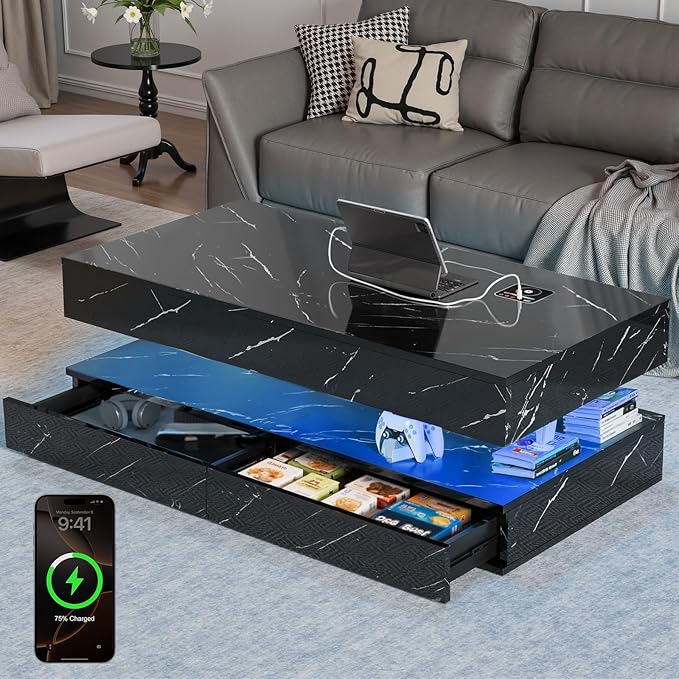 LED Coffee Table, 47.2" Coffee Tables with Storage Drawers, Smart Living Room Table with Wireless Charging & Bluetooth Speaker,Modern Center Tables for Living Room, Black Marble