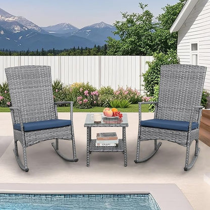 Oasishine Rocking Chair Outdoor 3 Pieces High-Backed Patio Rocking Chairs Bistro Table and Chairs Set of 2, Navy Blue