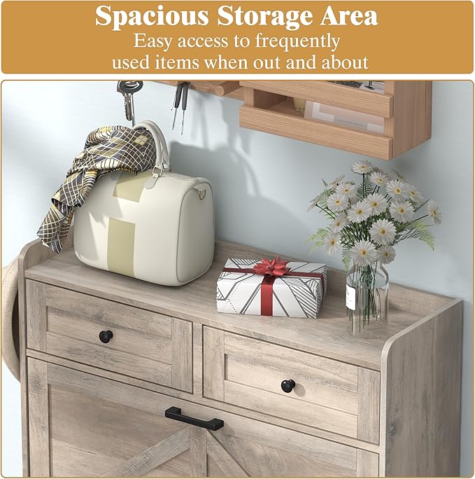 Shoe Cabinet with 2 Flip Drawers & 2 Storage Drawers, Rustic Farmhouse Narrow