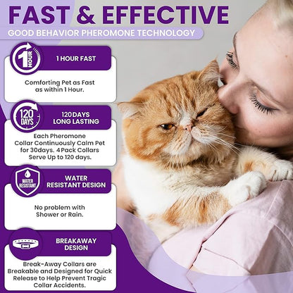 Calming Collar for Cats: Pheromone-Infused Behavior Support, Long-Lasting 30-Day Effect, Adjustable & Waterproof, 4-Pack (M Purple)