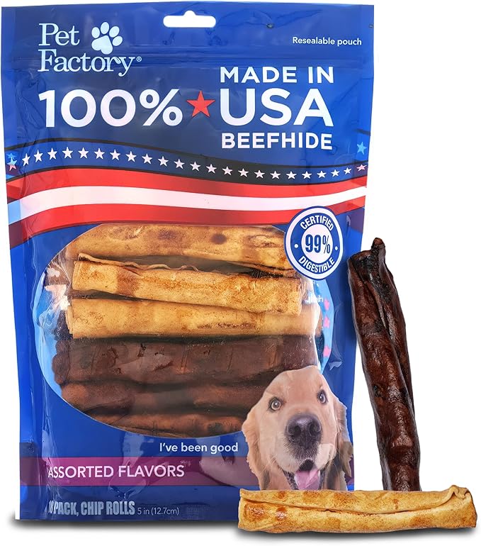 Pet Factory 100% Made in USA Beefhide 5" Chip Rolls Dog Chew Treats - Beef & Chicken Flavor, 18 Count/1 Pack