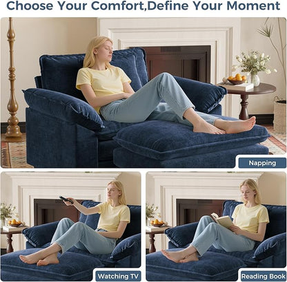 HUSFU Oversized Accent Chair with Ottoman, Chenille Cloud Couch Chair with Deep Seat and Extra Wide Armrests, Comfy Reading Armchair for Bedroom, Living Room, Set of 2, Blue