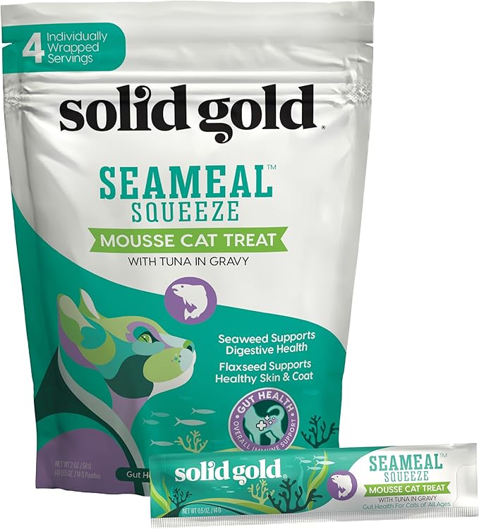 SeaMeal Squeeze Tuna Lickable Cat Treat with Seaweed for Skin, Coat, Digestive & Immune Health - Natural, Holistic, Grain-Free (4 Squeezes)