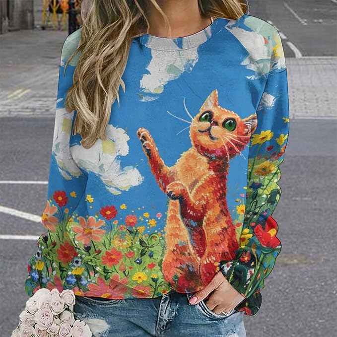 Long Sleeve Shirts for Women Cat Oil Painting Shirt 3D Graphic Sweatshirts Fall Pullover Crewneck Vintage Boho Tops