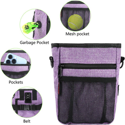 Dog Treat Pouches for Pet Training with Magnetic Closure Treat Pouches for Pet Training,Large Dog Treat Training Pouch and Dog Clicker,Training Treat Pouch Built-In Poop Bag Dispenser-Purple.