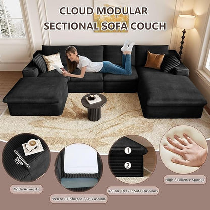 136" Cloud Modular Sectional Sofa with 1 Ottoman, Deep Seat Boneless Couch, Modern Upholstered Corduroy Couches, Comfort U Shaped Sofa for Living Room, No Assembly Required(Black,Right Facing Chaise)