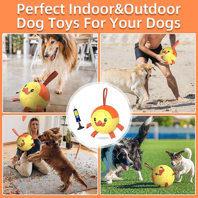 QDAN Dog Toys Soccer Ball with Straps, Interactive Dogs Toys for Tug of War, Puppy Birthday Gifts, Dogs Tug Toy, Dog Water Toy, Durable Dog Balls for Medium & Large Dog - Duck（8 Inch）