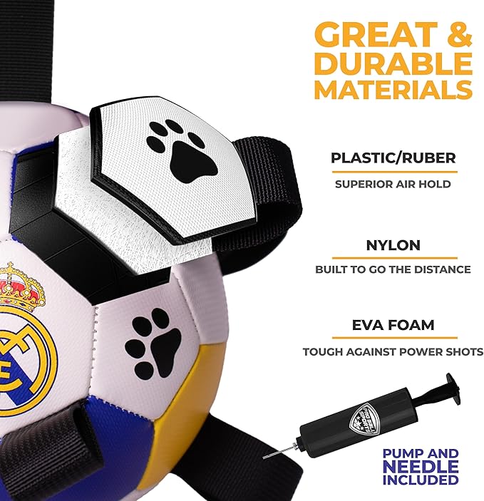ProBall Pets Interactive Dog Soccer Ball with Grab Tabs - Floats on Water, Fetch & Training Toy for Small Medium Dogs, Herding Breeds - Waterproof Non-Toxic - 6" Real Madrid