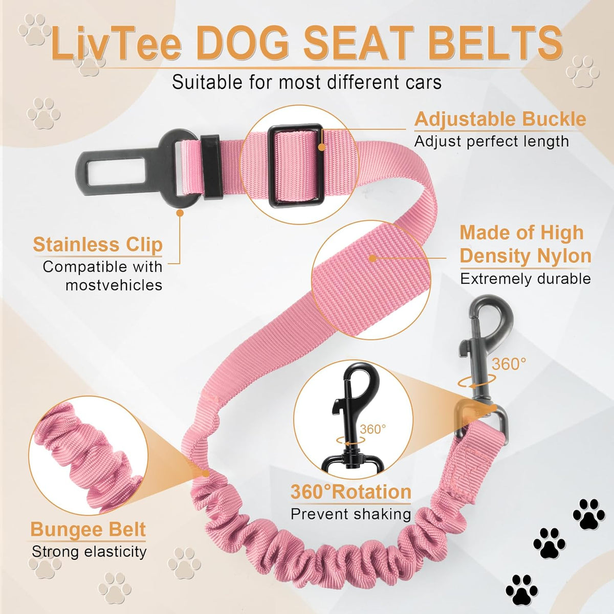 LivTee Dog Seat Belt for Car, Retractable Pet Safety Harness, Adjustable Nylon Dog Seatbelt Leash, Comfortable Dog Accessories for Vehicles (Light Pink-2PCS)