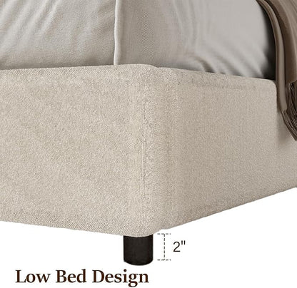 Queen Bed Frame, Boucle Upholstered Platform Bed Frame with Rounded Corners, Soft Bedframe with Round Headboard, No Box Spring Required, Easy Assembly, White