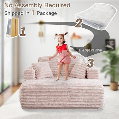 56"W Oversized Chaise Lounge Chair Indoor,Plush Faux Fur Sleeper Sofa Couch Bed with Pillows&Wide Armrest,Fluffy Comfy Cloud Sofa,Compression Foam Boneless Couch for Living Room,Bedroom(Pink)