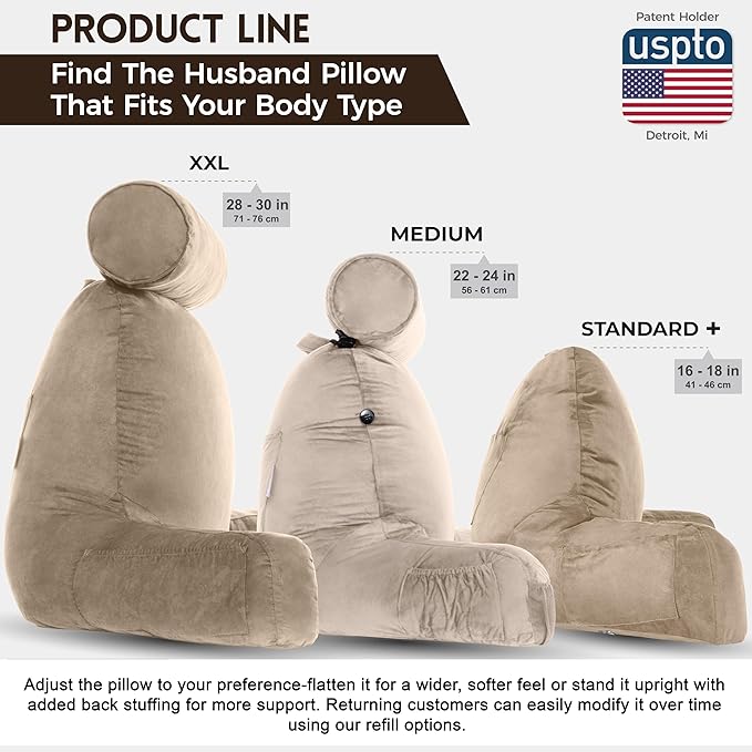 Husband Pillow XXL Aspen Edition, Adult Reading Sit Up Bed Rest Pillow for Bed with Arms & Neck Roll on Bungee Cord - Premium Memory Foam - Reversible 2 Sided Cover Micro Suede or Plush, Cowboy Taupe