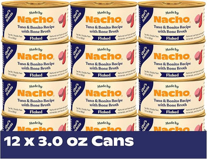 Made by Nacho Flaked Filets Recipe in Bone Broth, Grain-Free Chef's Selects Wet Food for Cats Balanced Diet in Naturally Hydrating Pumpkin-Infused Broth (3.0 oz (Pack of 12), Tuna & Bonito)